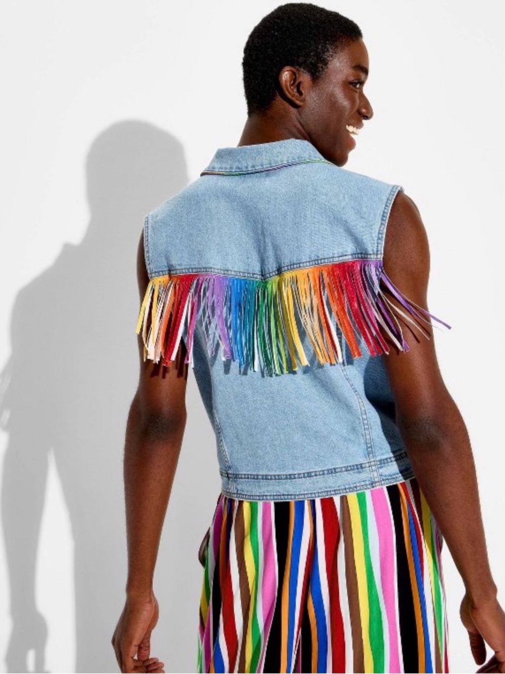 NWT Pride Adult Rainbow Fringe Vest - Light Blue Denim Target Sz L